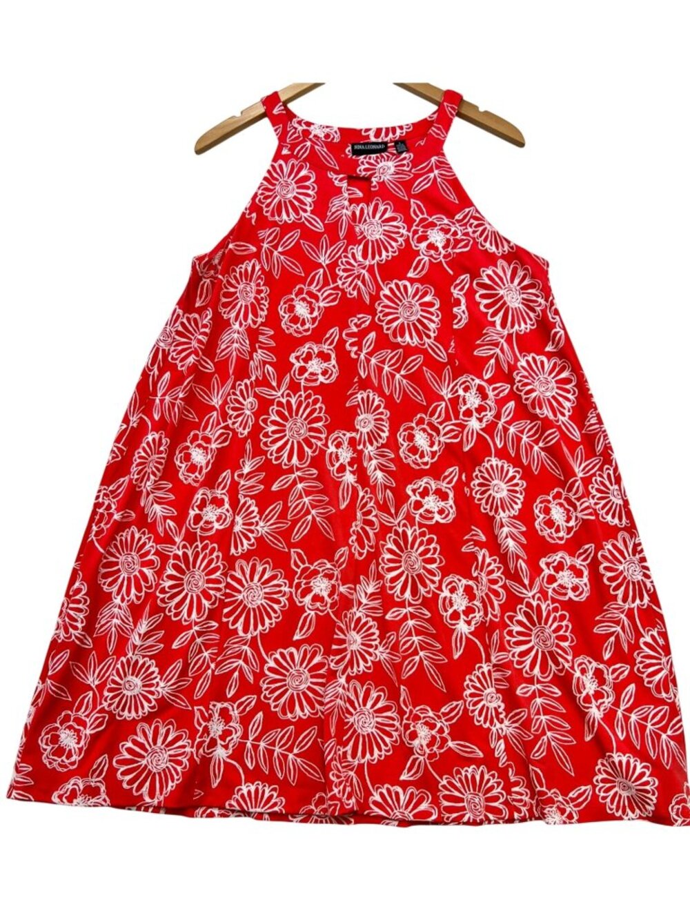 Nina Leonard Women's Halter Neck A-Line Dress Sleeveless Size L Red White Floral